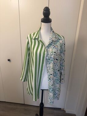 Green Mixed-Print Button Front Blouse